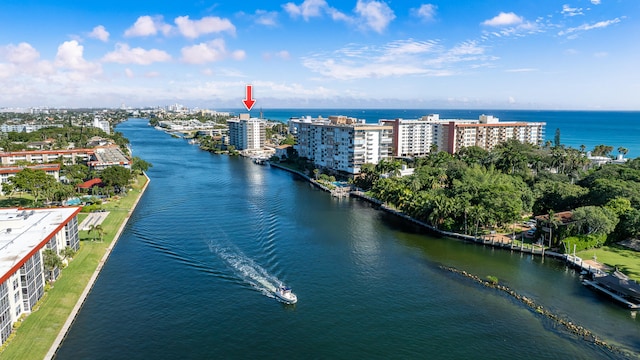 drone / aerial view with a water view