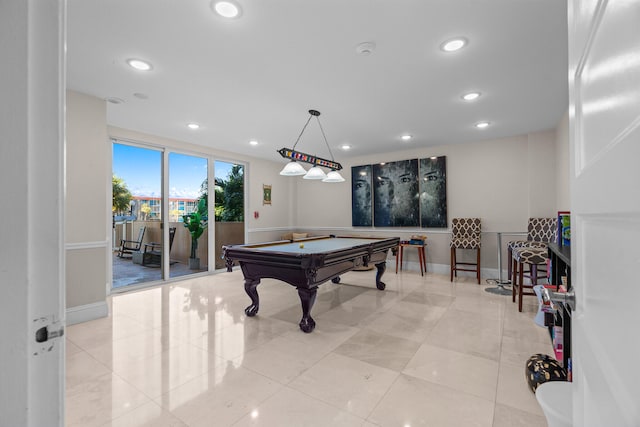 recreation room with light tile patterned floors and billiards