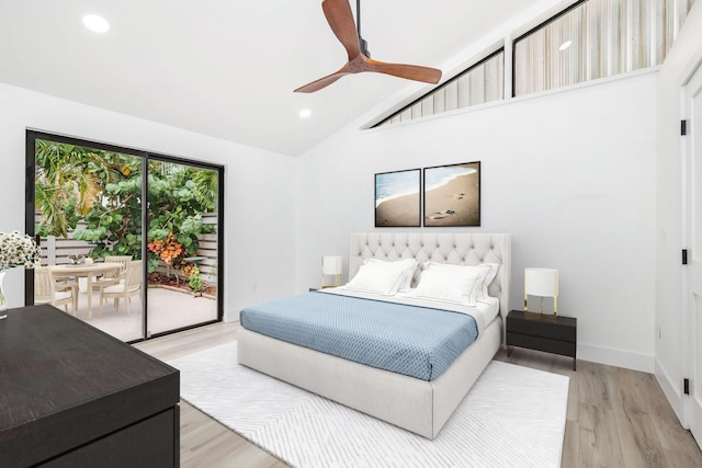 bedroom featuring access to exterior, hardwood / wood-style floors, high vaulted ceiling, and ceiling fan