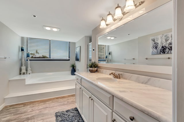 bathroom with hardwood / wood-style flooring, vanity, and a tub