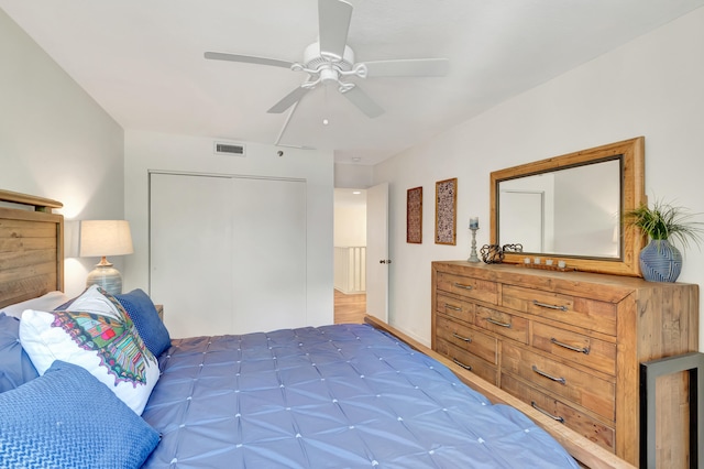 bedroom featuring ceiling fan and a closet