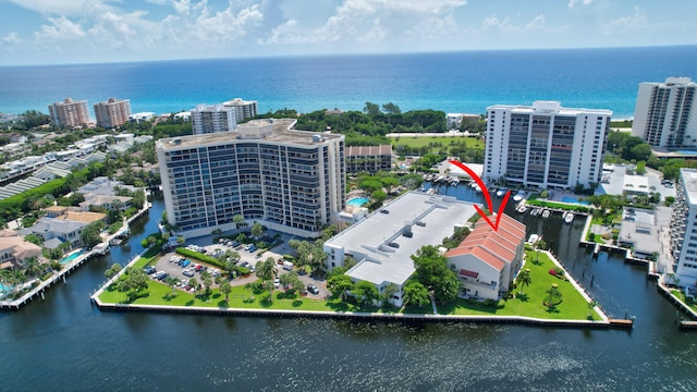 aerial view featuring a water view