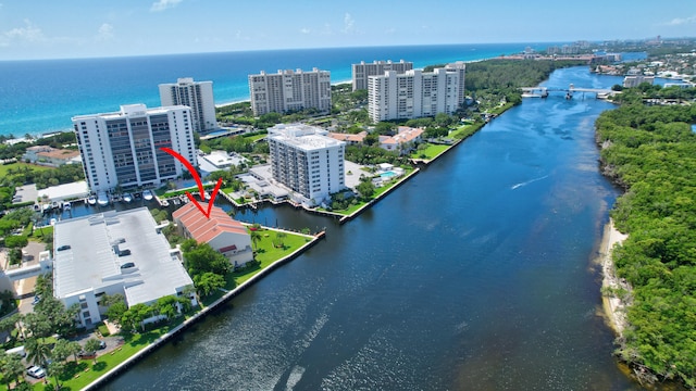 drone / aerial view featuring a water view