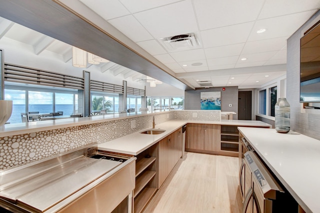 kitchen with tasteful backsplash, plenty of natural light, a water view, and light wood-type flooring