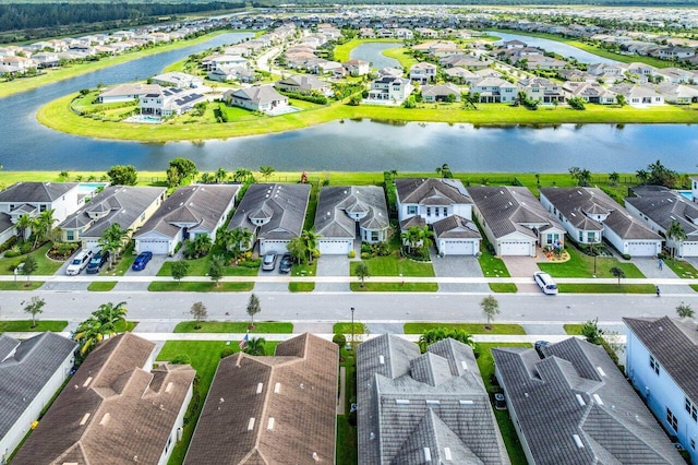 bird's eye view with a water view