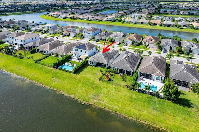 aerial view featuring a water view