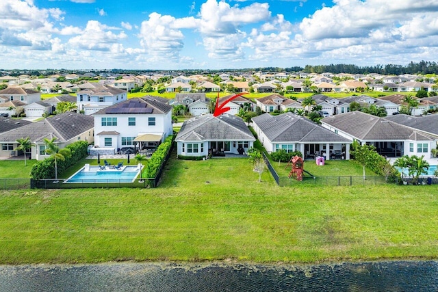 drone / aerial view featuring a water view