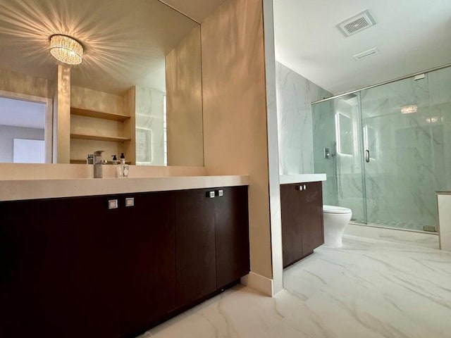 full bath featuring a marble finish shower, visible vents, toilet, marble finish floor, and vanity