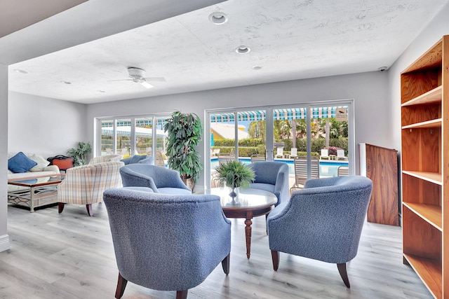 living room featuring ceiling fan and light wood-type flooring