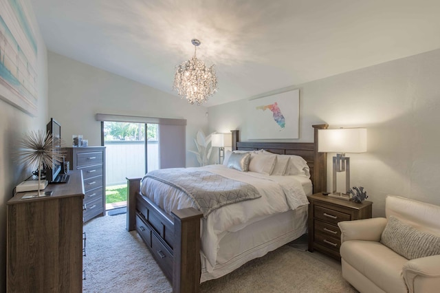 bedroom with access to outside, a notable chandelier, lofted ceiling, and light colored carpet