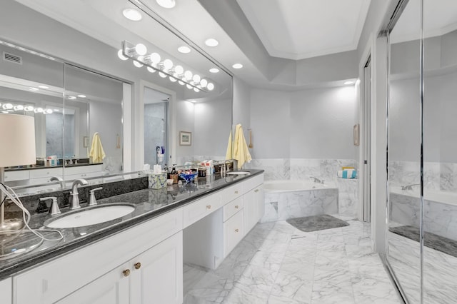 bathroom with separate shower and tub, crown molding, and vanity