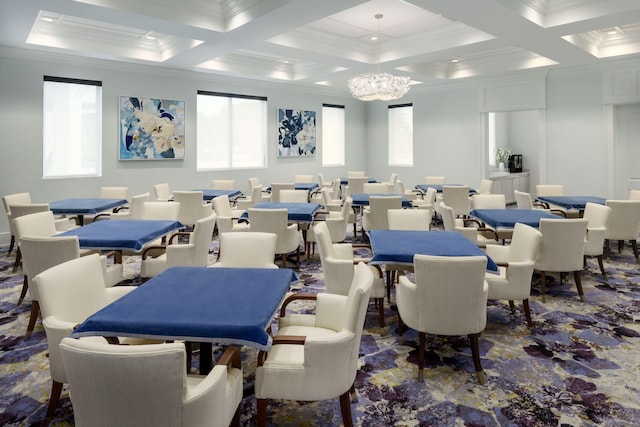 dining space with beam ceiling, an inviting chandelier, crown molding, and coffered ceiling