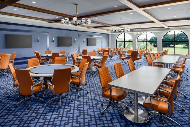 dining area featuring carpet, a notable chandelier, and beam ceiling