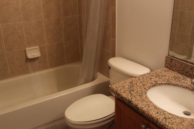 full bathroom with vanity, toilet, and shower / bathtub combination with curtain