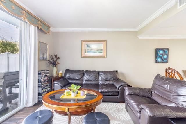 living room with hardwood / wood-style flooring and ornamental molding