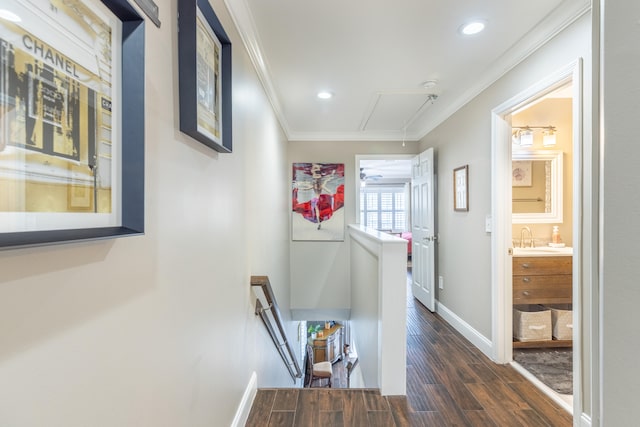 hallway with dark hardwood / wood-style floors, ornamental molding, and sink