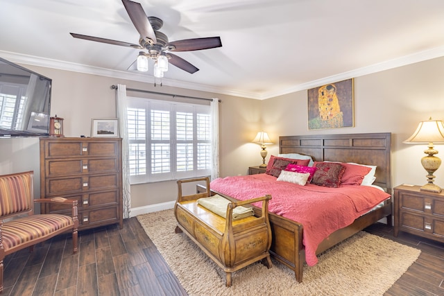 bedroom with ceiling fan, dark hardwood / wood-style flooring, and crown molding