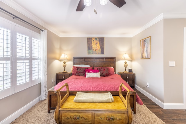 bedroom with dark hardwood / wood-style floors, ceiling fan, and ornamental molding