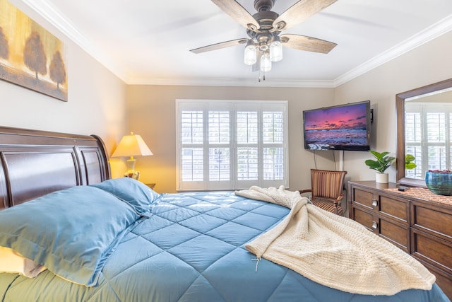 bedroom with multiple windows, ceiling fan, and ornamental molding