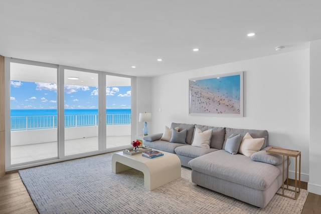 living room with a water view, light wood-type flooring, and a view of the beach