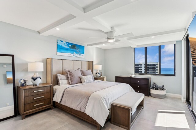 tiled bedroom with coffered ceiling, beam ceiling, and ceiling fan