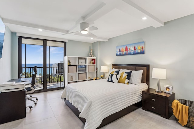 tiled bedroom with ceiling fan, beam ceiling, a water view, expansive windows, and access to outside