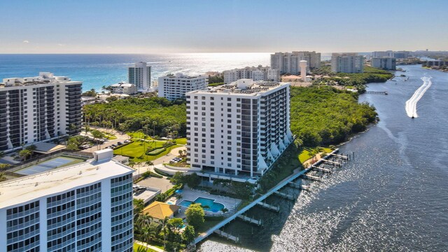 aerial view featuring a water view