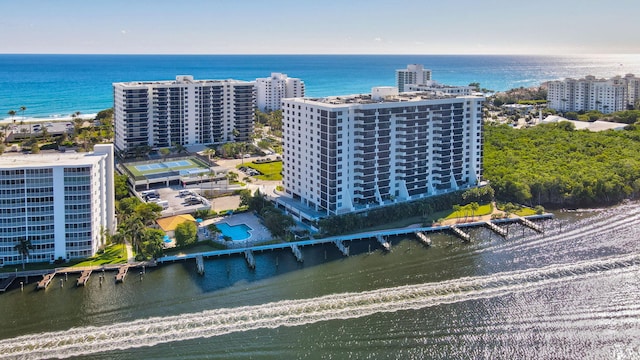 aerial view featuring a water view