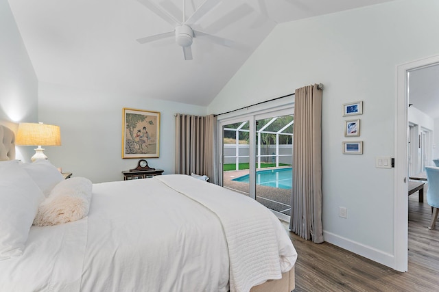 bedroom featuring access to outside, ceiling fan, vaulted ceiling, and dark hardwood / wood-style floors