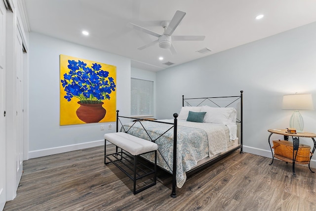 bedroom with ceiling fan, a closet, and dark wood-type flooring