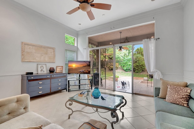 living room featuring ceiling fan, light tile patterned flooring, and crown molding