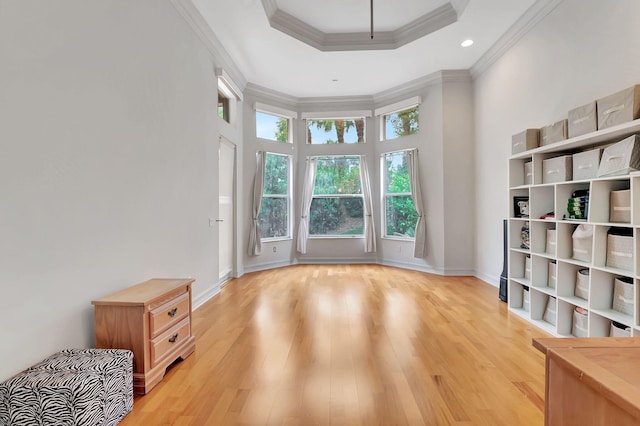 interior space with a high ceiling, light wood-type flooring, a tray ceiling, and crown molding