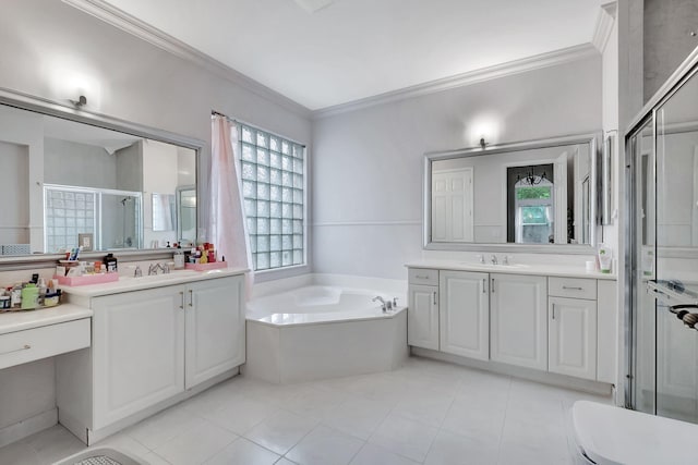 bathroom featuring tile patterned flooring, vanity, ornamental molding, and shower with separate bathtub