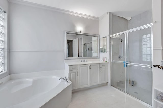 bathroom featuring vanity, independent shower and bath, and crown molding