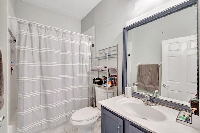 full bathroom with tile patterned flooring, vanity, toilet, and shower / tub combo with curtain