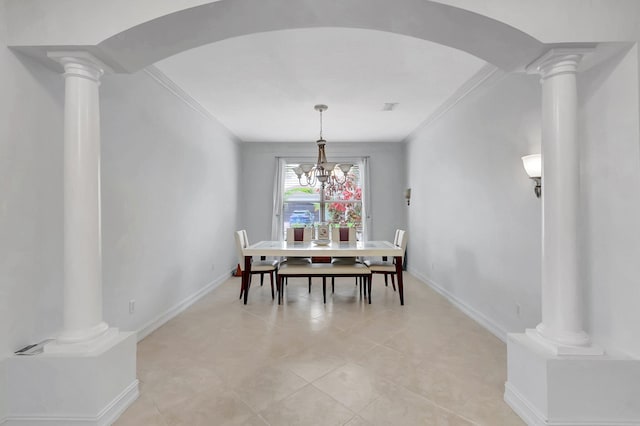 dining room with a notable chandelier, light tile patterned floors, and crown molding