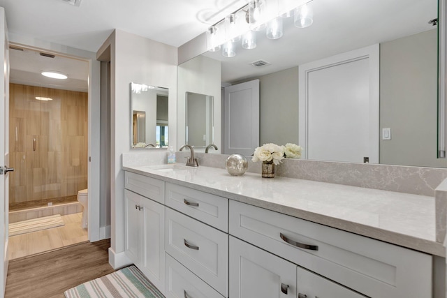 bathroom featuring toilet, wood-type flooring, walk in shower, and vanity