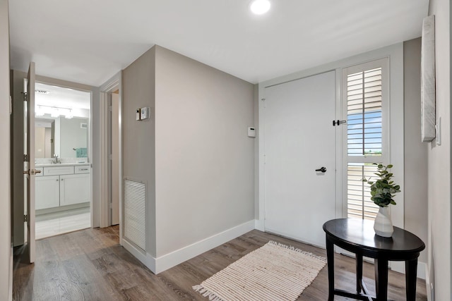 entrance foyer with sink and light hardwood / wood-style floors