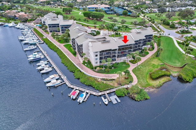 drone / aerial view with a water view