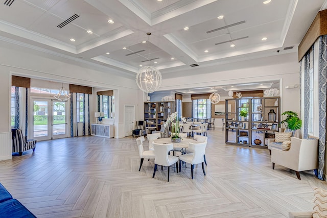 dining space featuring french doors, coffered ceiling, an inviting chandelier, beamed ceiling, and light parquet floors