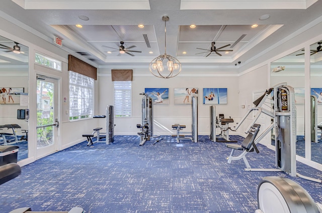 exercise room featuring carpet flooring, ceiling fan with notable chandelier, crown molding, and coffered ceiling