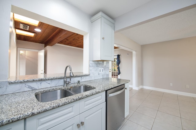 kitchen featuring white cabinetry, stainless steel dishwasher, sink, and light stone counters