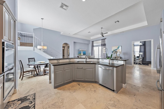 kitchen with a raised ceiling, sink, ceiling fan, decorative light fixtures, and stainless steel appliances