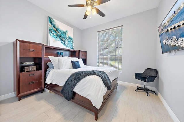 bedroom with ceiling fan and light wood-type flooring