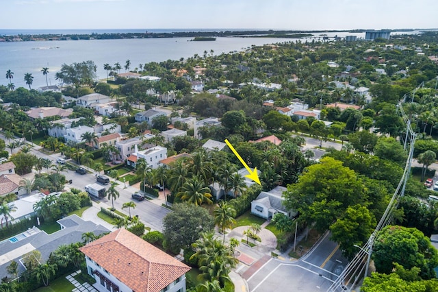 aerial view featuring a water view