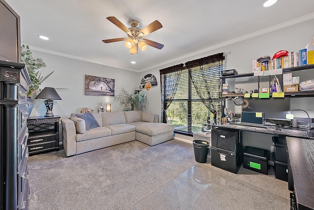 office featuring light carpet, ceiling fan, and ornamental molding