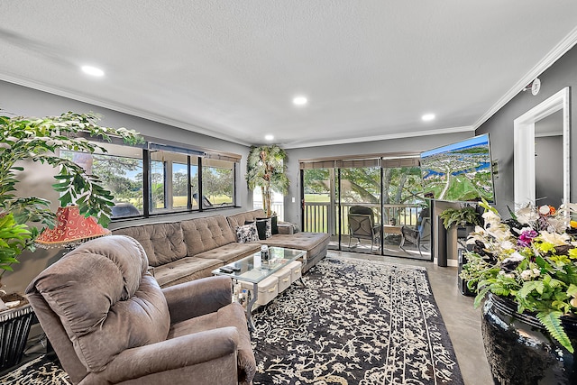 living room with crown molding and a textured ceiling