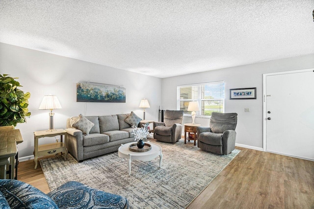 living room featuring a textured ceiling and light hardwood / wood-style flooring