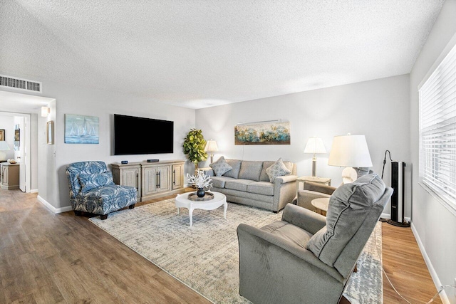 living room with wood-type flooring and a textured ceiling