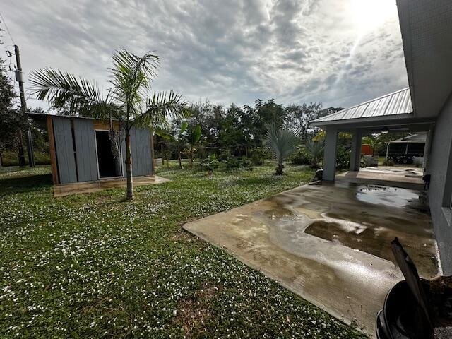 view of yard featuring a patio and a storage unit